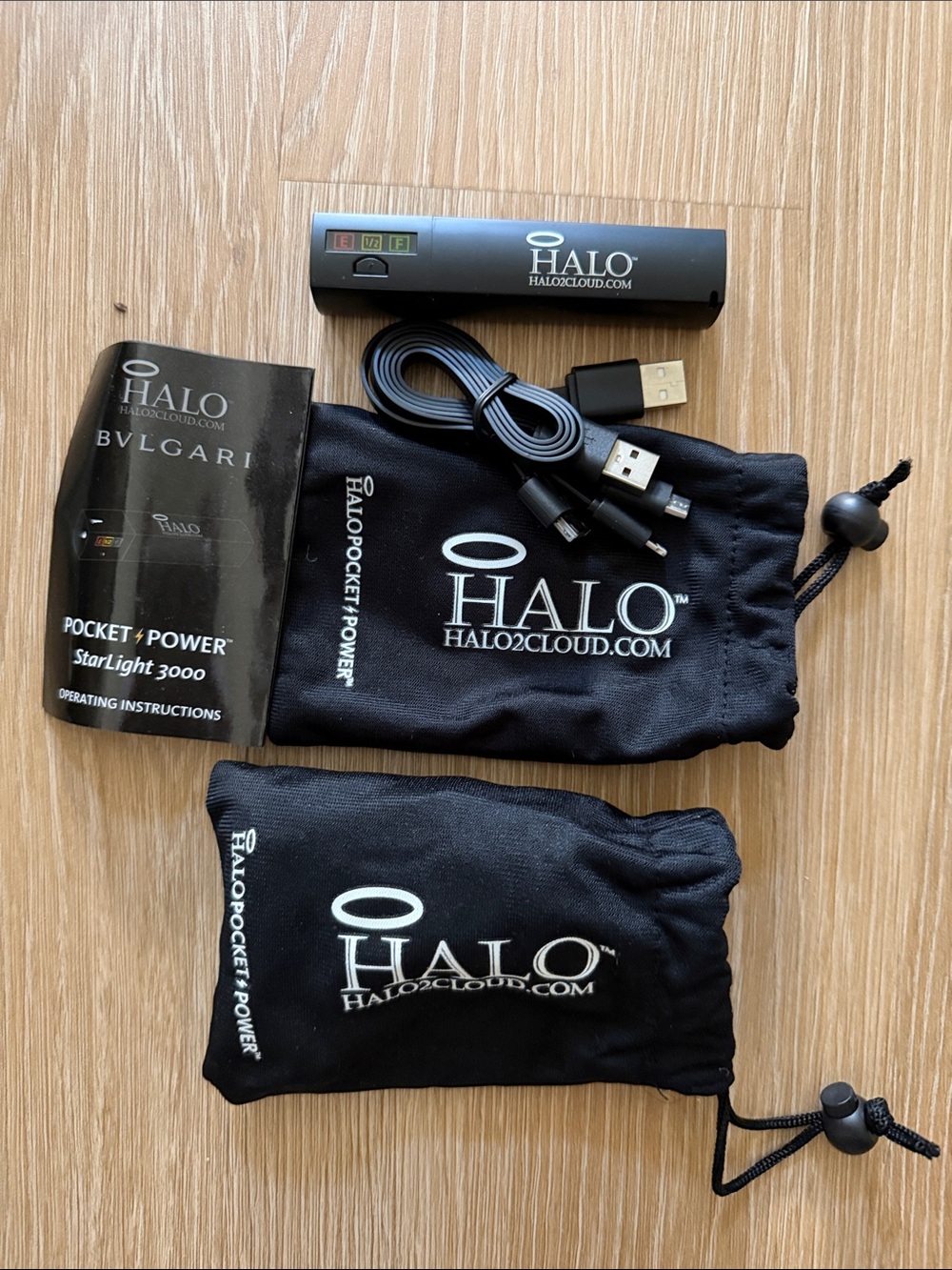 TWO Halo Black Portable Pocket Power Charger with USB Cable and Pouches